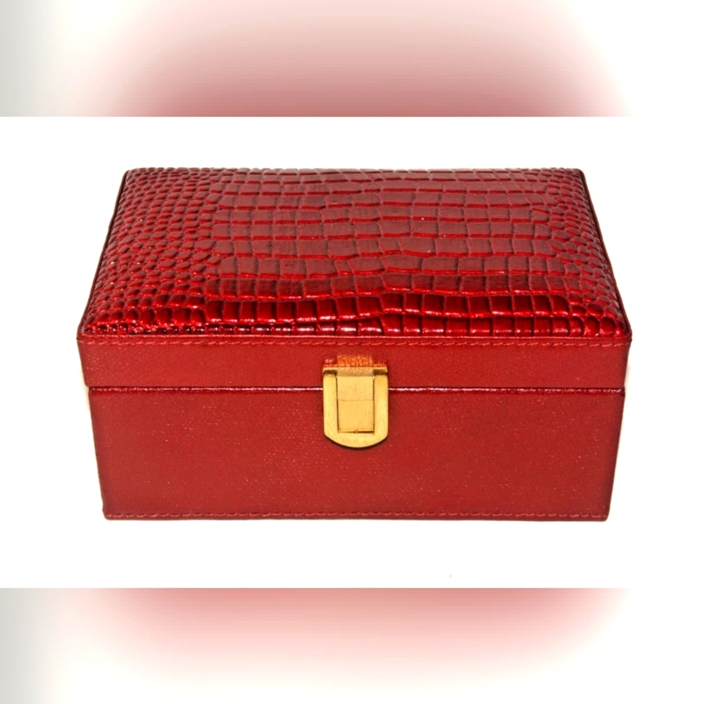 Vintage Red Faux Crocodile Satin & Velvet Presentation Jewelry Box Elegant Chic